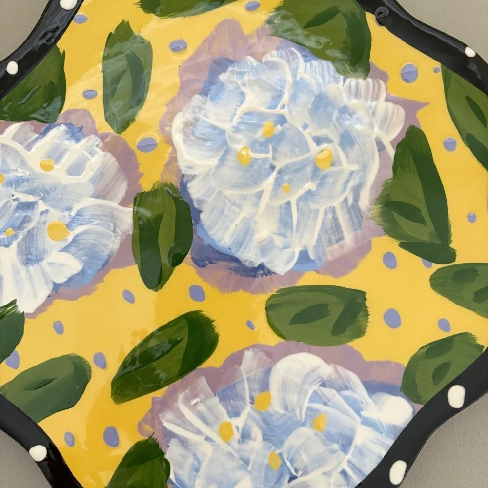 Hand Painted Ceramic Floral Scalloped Plate Blue Hydrangea Yellow Black 11 Inch